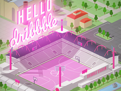 Hello there arena art basketball debut dribbble heartshaped hello illustration isometric pink stadium vector