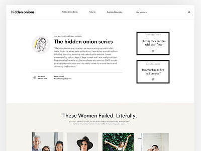 Hidden Onions - Alternate hero area blog editorial female founders typography zine