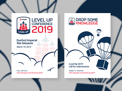 Level Up Conference 2019 posters aircraft airdrop call for submissions conference drop some knowledge level up poster