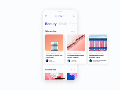 Desirelist Redesign app design beauty carousel content minimal mobile purple style ui ux