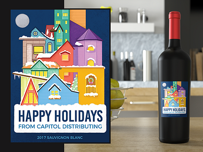 Holiday Wine Label christmas holiday houses illustration pastel vector