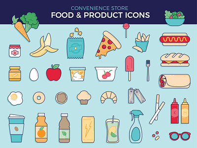 Food & Product Icons batteries coffee condiments convenience store dairy food food app hotdog icon icons iconset illustration pizza tobacco vector
