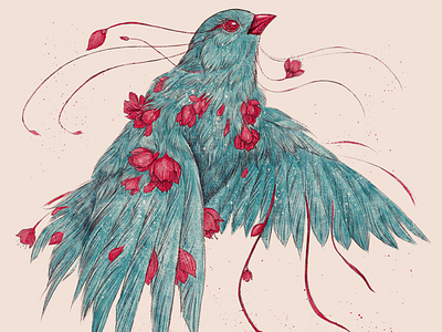 Blooming bird illustration red flowers