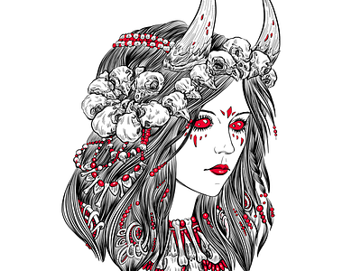 Demoness black and white dark illustration line skulls