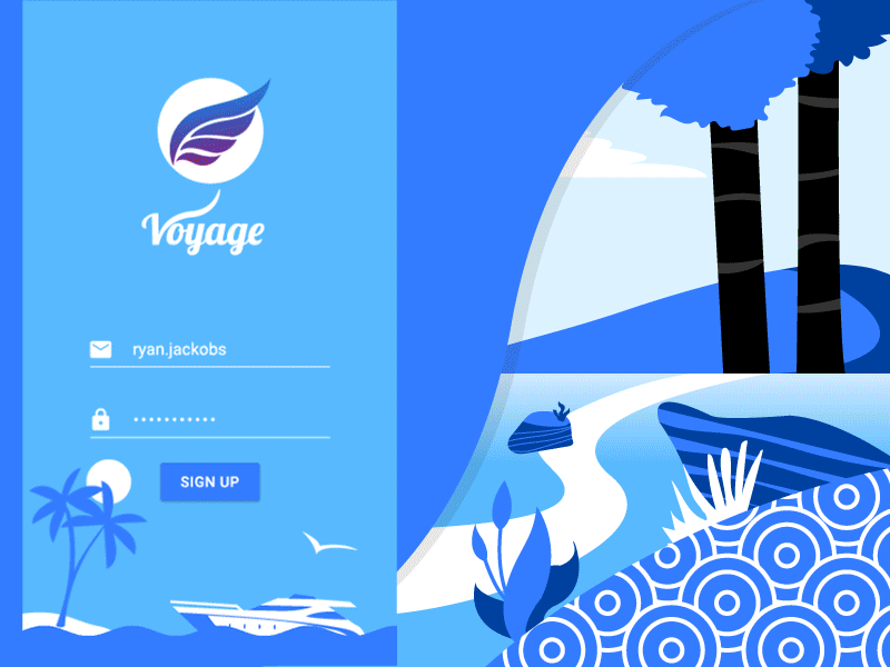 Voyage Travel App animation app blue creative flow illustration prototype travel ui vacation