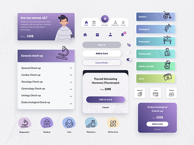 Healthcare APP UI elements cards care cart colorfull healthcare kit medical shopping app ui ux
