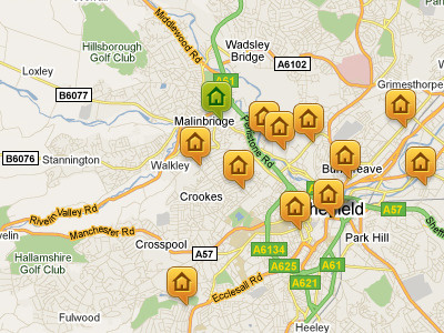 Homes green home map orange pin