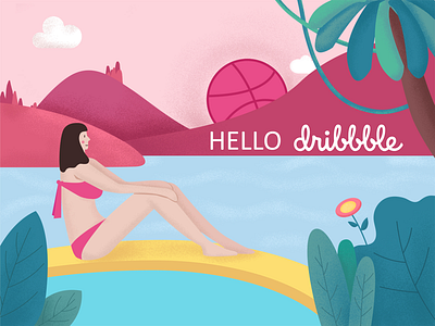 Hello Dribbble basketall first shot hello dribbble illustration mountain sunset