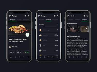 Daily UI challenge #40 — Recipe app black challenge daily40 dailyui day40 design food interface mobile product recipe ui uichallenge uidesign uiux userexperience userinterface ux web