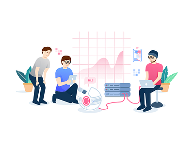 Header Illustration advantages chatbot developer header illustration isometric onboarding programmer robot team website workspace