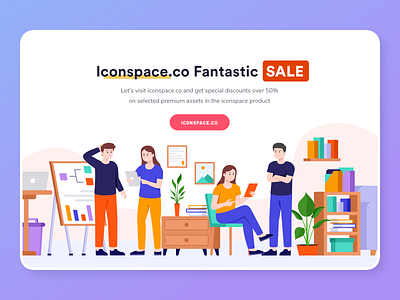 Iconspace SALE, Discount Up to 50% dashboard discount flat graphic header icon illustration landing mail marketing onboarding promo promotion sale website