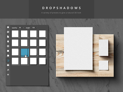 Paper Panel - Dropshadow Preview 3d dropshadow flatlay interface mock up mockup paper panel paper shadow photoshop extension presets realistic script thumb grid topview ui