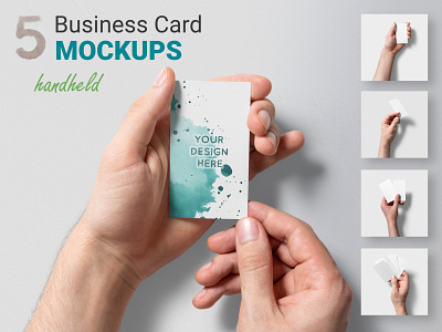 5 Handheld Business Card Mockups bizcard branding business card business card mockup card handheld hands mock up mockup mockups paper realistic visiting card