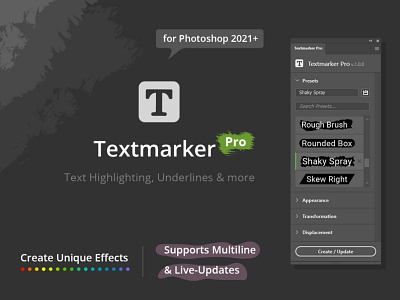 Textmarker Pro for Adobe Photoshop 2021+ effect highlight highlighter marker panel photoshop plugin ribbon script speech bubble text textmarker underline uxp