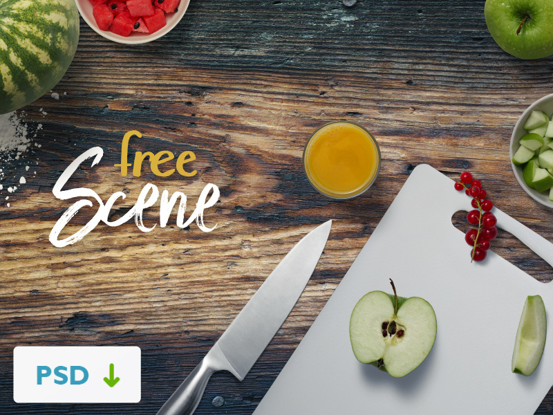 Free Kitchen Scene apple juicy topview flatlay psd free fruits scene mock-up mockup kitchen food