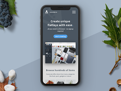 SceneLab Rensponsive Landingpage Design app builder canvas design editor flatlay interface iphone landing page landingpage mobile responsive scene creator ui userinterface ux webapp