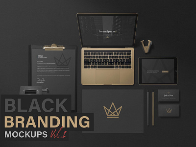 Black Branding Mockups Vol.1 appdesign black brand branding branding design corporate dark design gold logo mobile paper presentation responsive shadows sleek smart watch stationery tablet