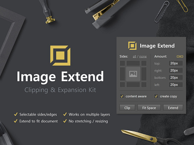 Image Extend - Clipping & Expansion Kit addon contentaware dark extrude fit image size generator image enlarger image extend image extender interfacedesign layer panel panel design panorama photoshop extension resize softwaredesign ui uiux