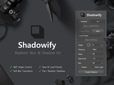 Shadowify - Realistic Blur & Shadow Kit addon blur controls dark dropshadow extension generator interface long shadow panel photoshop plugin preset realistic shadow shadowify shadows stepwise ui uiux