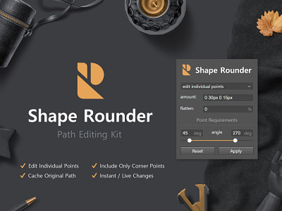 Shape Rounder - Path Editing Kit addon dark extension flatlay interface panel panel design path photoshop plugin rounded shape rounder shapes slider ui vector graphics