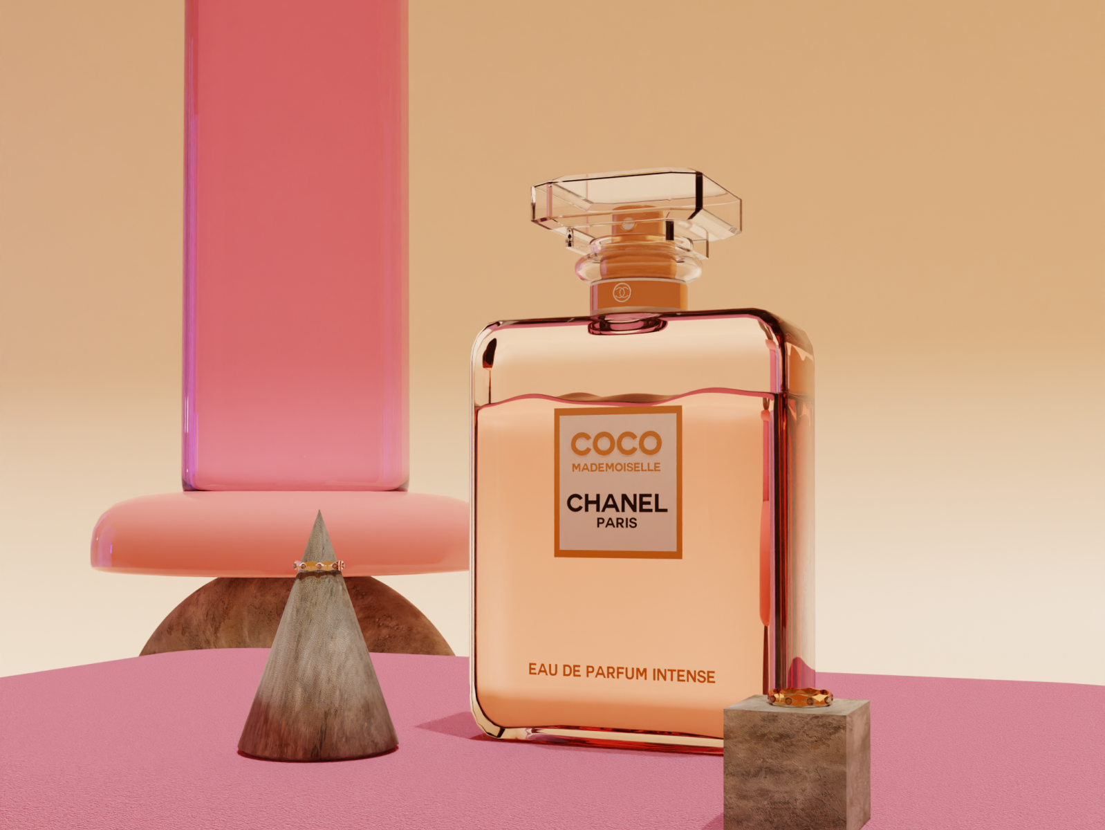 Chanel Perfume Bottle Isolated on Red & Blue Background. Bottle