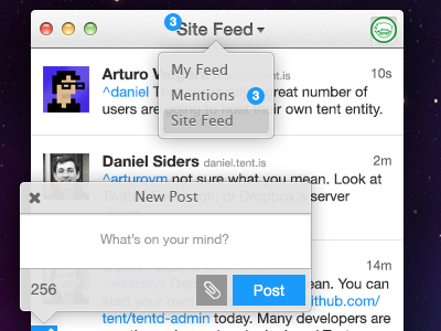 tent.is app - Feeds, New Post and Notificacions