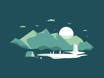 Mountain Scene pt. 2 design designer flat illustration illustrator mountain tent vector waterfall