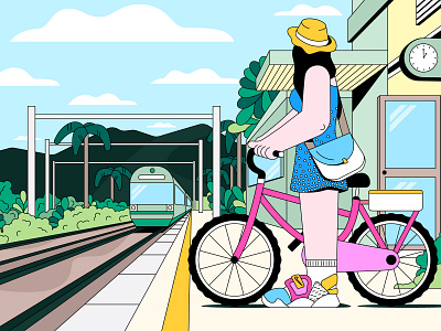 Nostalgic Japan bicycle character characterdesign countryside design flat illustration japan outside sneaker summer train vector