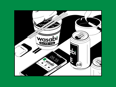 Dokodemo Wasabi ash tray beer black and white can chopsticks cup noodle flat illustration japan mixtape music phone ramen vector wasabi