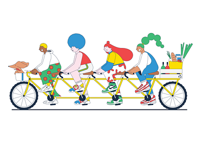 The Commuters bicycle character characterdesign colorful commute cycle digital illustration dog groceries illustration pop positive vibes recycle sneakers sustainability tandem bike