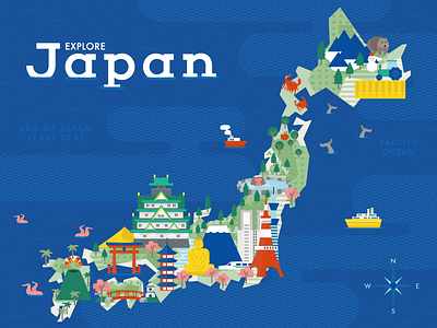 Explore Japan abstract castle explore geography icons illustration japan landmarks map nippon travel vector