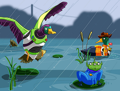 To Infinity And Beyond buzz lightyear cartoon cartoon character cosplay design ducks frog funny humour illustration lake pixar rain river toy story water woody