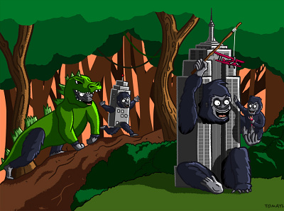 King Kong cartoon cartoon character cosplay design digital illustration forest funny godzilla gorilla gorillas humour illustration illustrator king kong skyscraper witty