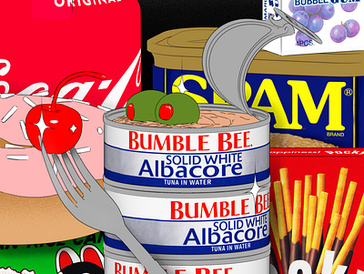 Pantry Items bumblebee cherry cinema4d coca cola donut food foodillustration foodillustrator grocery olives pantry pocky procreate spam tuna