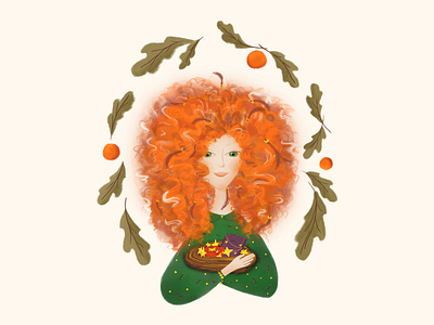 Autumn girl apple beautiful book cover forest girls good green illustration leaves magic package postcard redhead stars