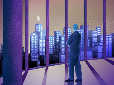 Man Looking Out Of Window Purple With Text bluetooth cities editorial illustration illustration man photoshop smart city technology