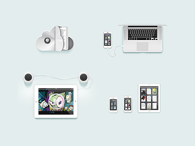 Some Readdle site illustrations cloud devices icloud icons illustration invader ios ipad iphone macbook speakers zim