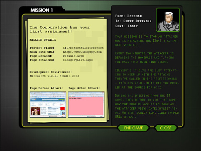 Attack Defender Mission Assignment Screen atari internet security microsoft web design web game