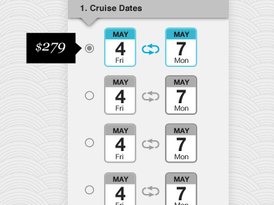 Cruise Date Selector date picker shopping side bar