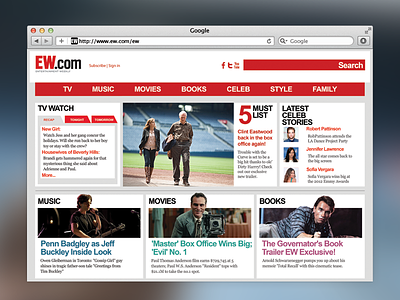 Entertainment Weekly.com Redesign books celebrities design entertainment ew ew.com interface movies music red tv web weekly white