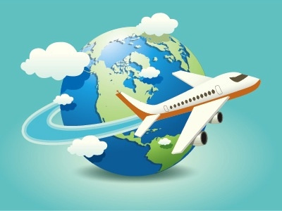 Airplane Travel (PSD) aircraft airplane clouds flight globe icon map passenger travel usa vacation world