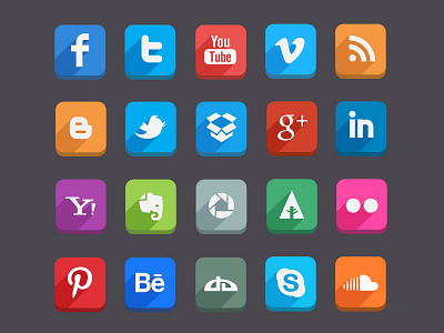 Long Shadow Social Media Icons (Psd) buttons dribble dropbox facebook flat free icons psd social media twitter vector youtube