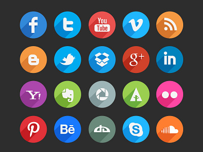 Long Shadow Social Media Icons (Psd) buttons dribble dropbox facebook flat free icons psd social media twitter vector youtube