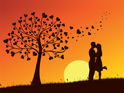 Fall in Love couple fall in love grass heart illustration kiss kissing landscape love lover nature sunset vector
