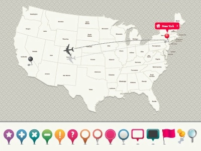 USA Map with Pin airplane button gps icon map navigation pin pinpoint plane speech bubble thumbtack ui us usa web