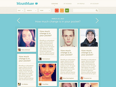 MountMuse dashboard filters infinite scroll photos questions social turquoise