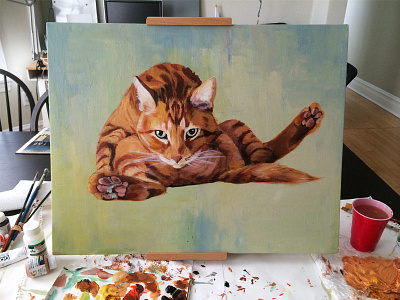 Large Cat Painting acrylics canvas cat complimentary colors mess paint painting paws workstation