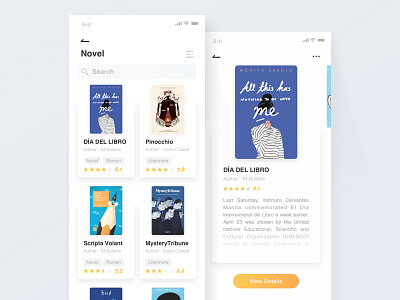 Book app - List1 blue book clean design detail list ui yellow
