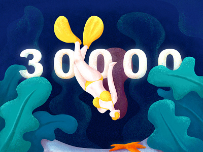30000followers—Free Diving blue diving follower green illustrator ocean woman yellow