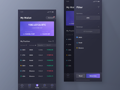 Virtual Currency App - Trading Wallet app bitcoin currency dark data purple trading ui yiker